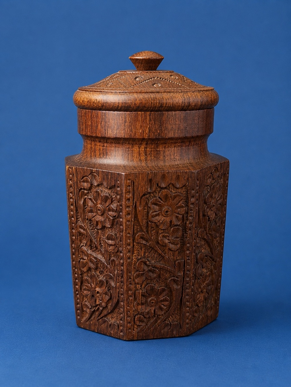 Vintage Hand-Carved Wooden Lidded Jar Canister – Floral Design Made in India